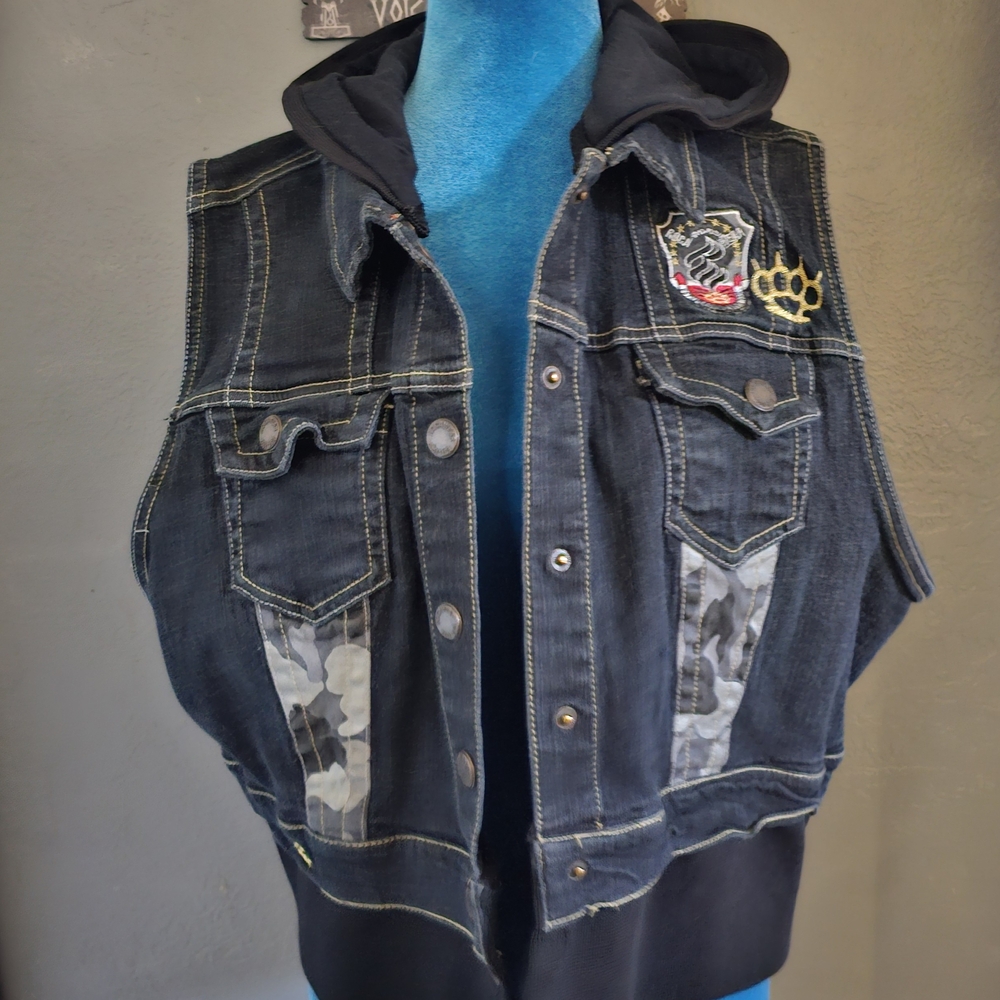 Source Unknown Black Denim Vest with Camouflage Accents